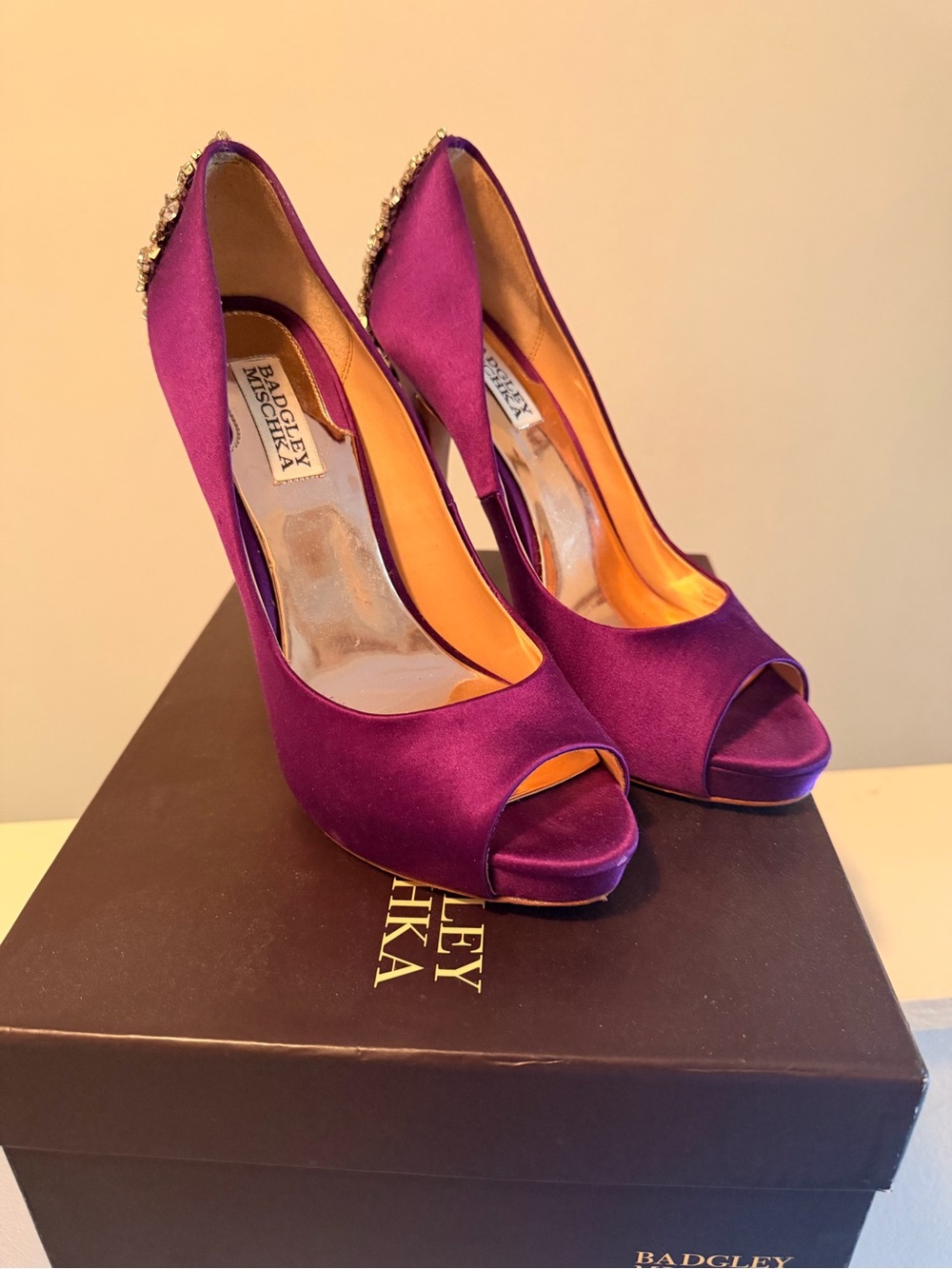Badgley Mischka Plum Satin Peep-Toe Heels with Jeweled Back